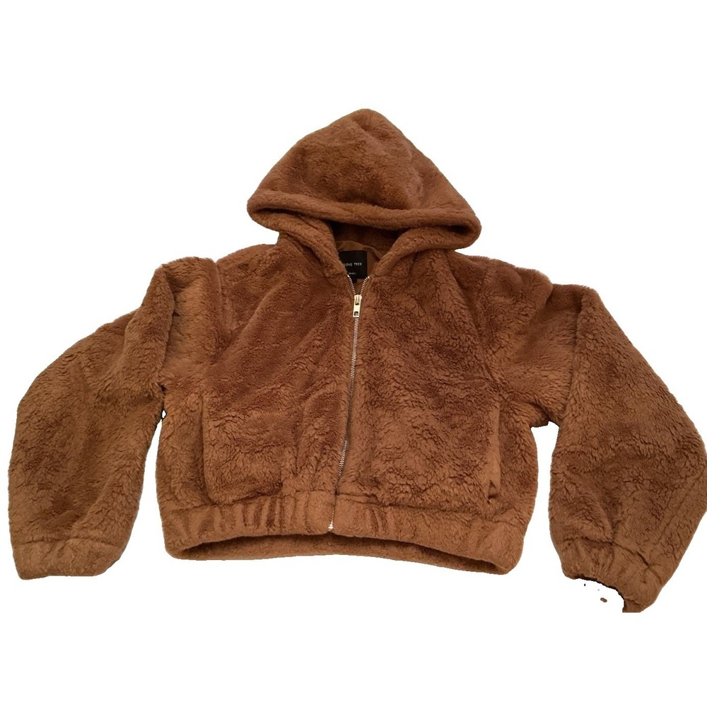 Love Tree Women's Faux Fur Brown Fuzzy Short Crop Hooded Jacket Full Zip Size S